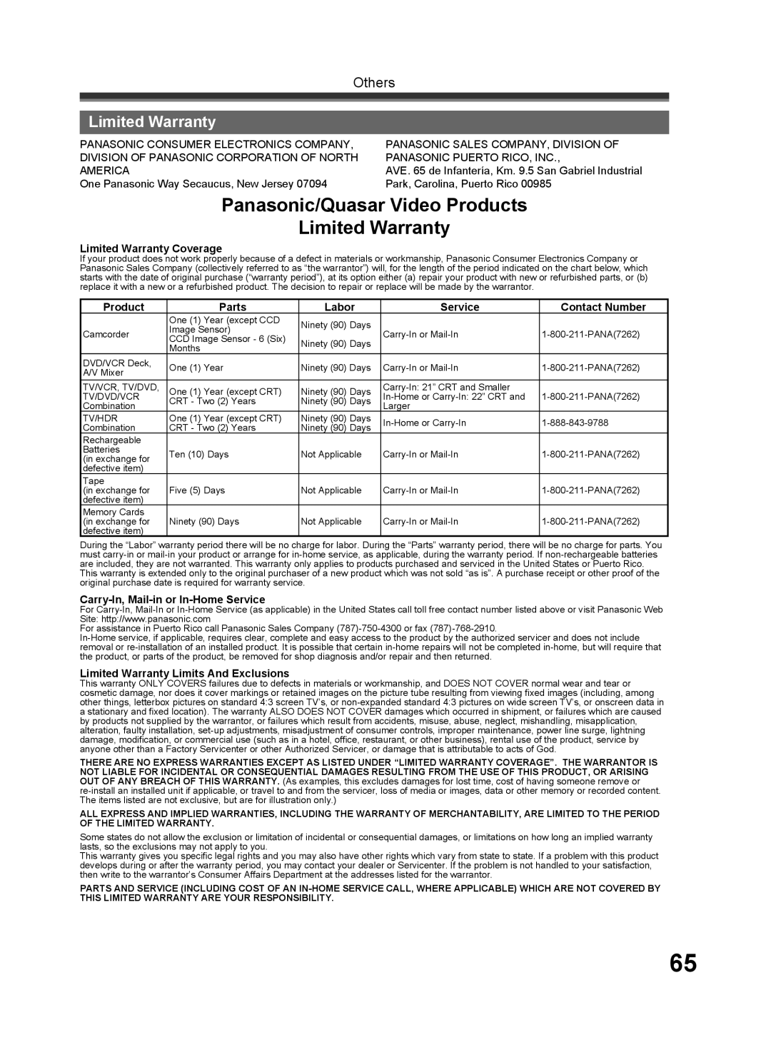 Panasonic PV-GS32 operating instructions Panasonic/Quasar Video Products Limited Warranty 