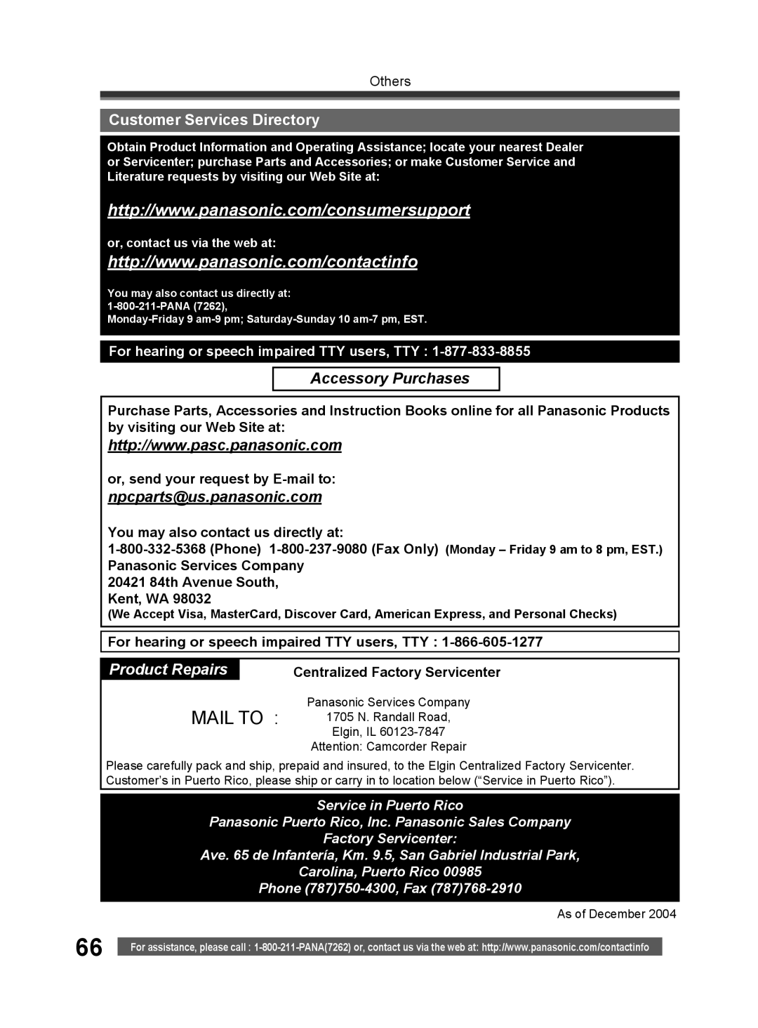 Panasonic PV-GS32 operating instructions Customer Services Directory, For hearing or speech impaired TTY users, TTY 