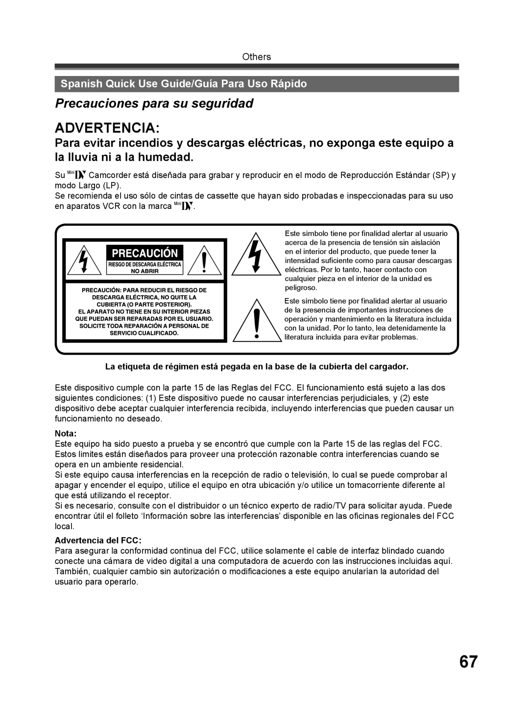 Panasonic PV-GS32 operating instructions Spanish Quick Use Guide/Guía Para Uso Rápido, Nota, Advertencia del FCC 