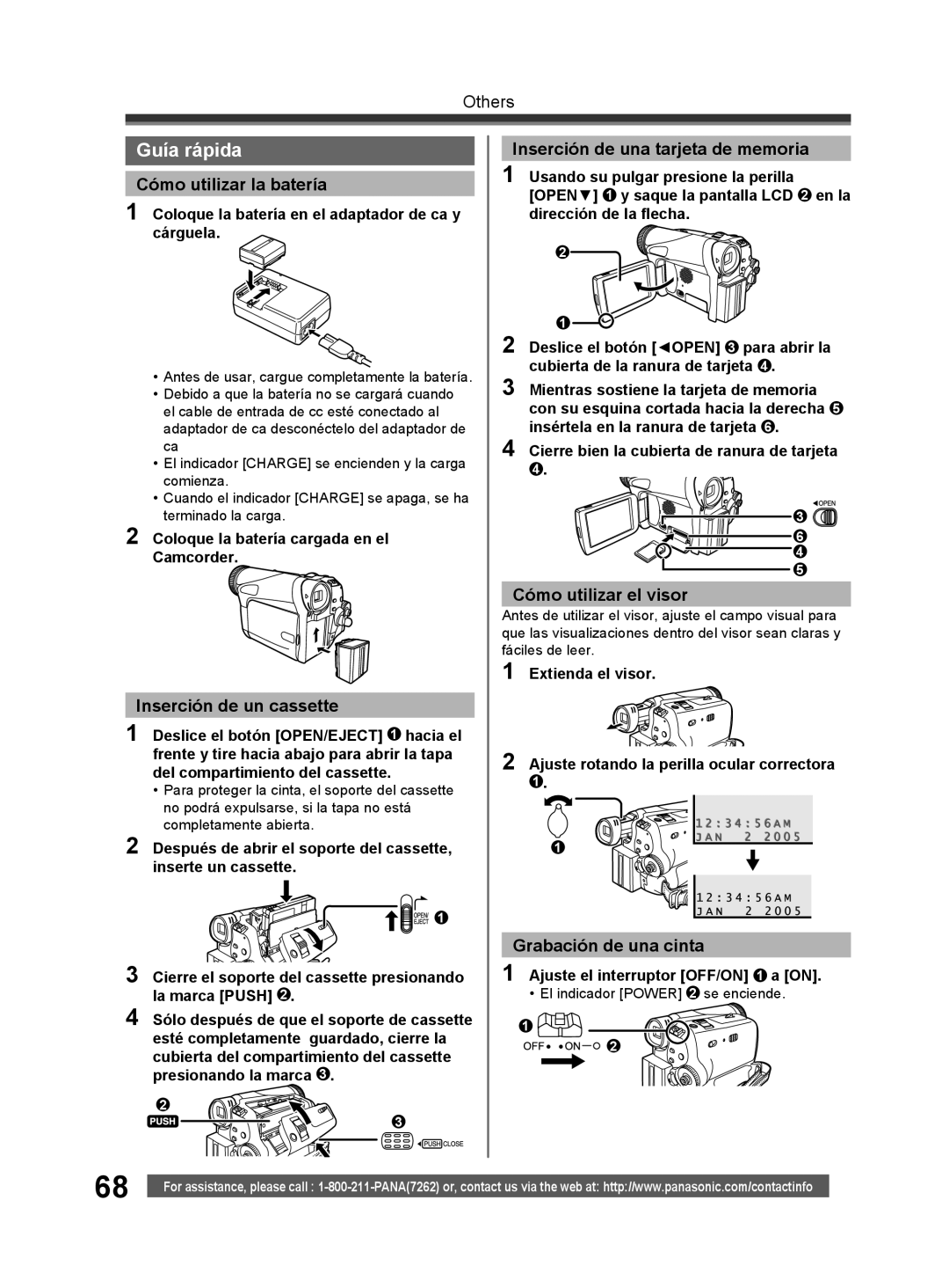 Panasonic PV-GS32 Guía rápida, Cómo utilizar la batería, Inserción de una tarjeta de memoria, Cómo utilizar el visor 