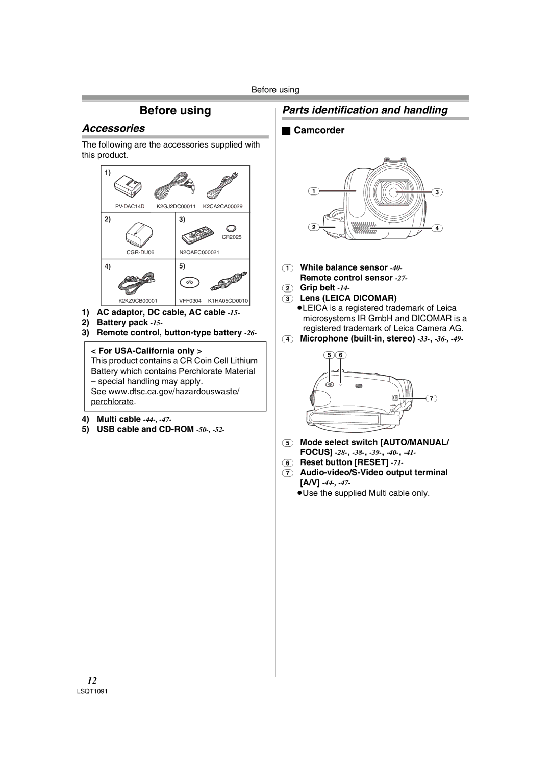 Panasonic PV-GS320 operating instructions Accessories, Parts identification and handling, Camcorder 