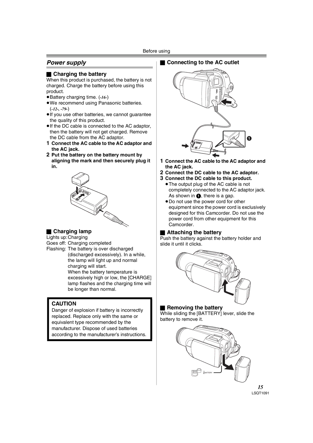 Panasonic PV-GS320 operating instructions Power supply, Charging lamp, Connecting to the AC outlet, Removing the battery 