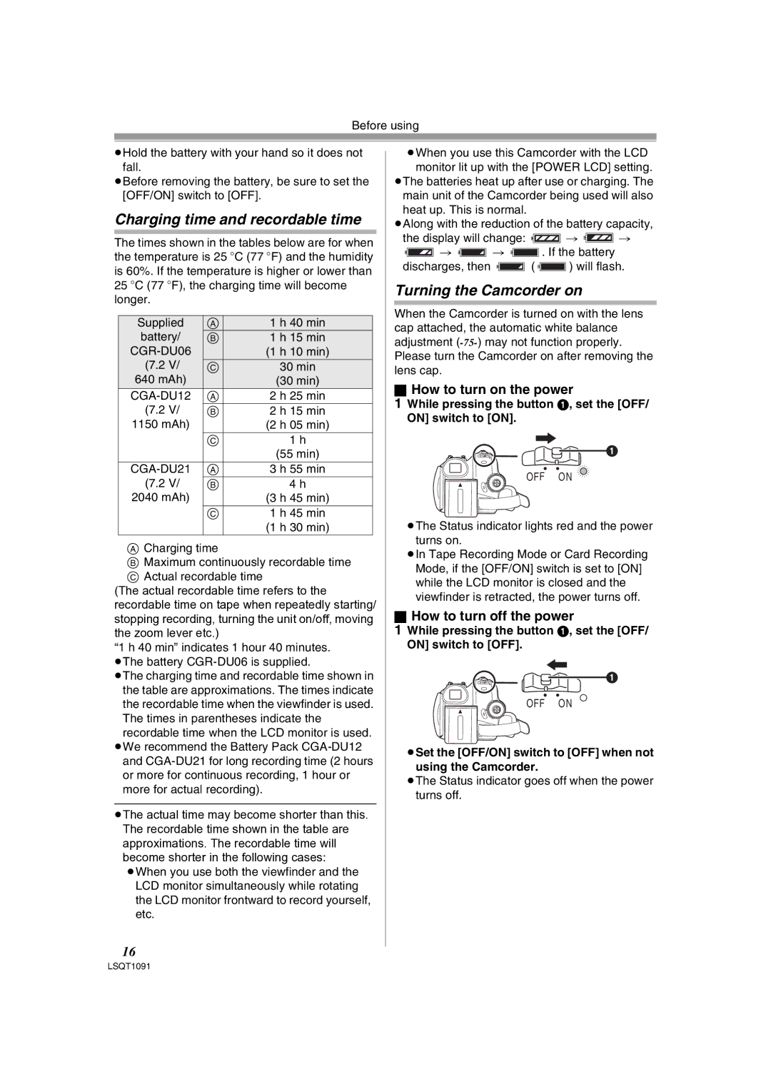 Panasonic PV-GS320 Charging time and recordable time, Turning the Camcorder on, How to turn on the power 