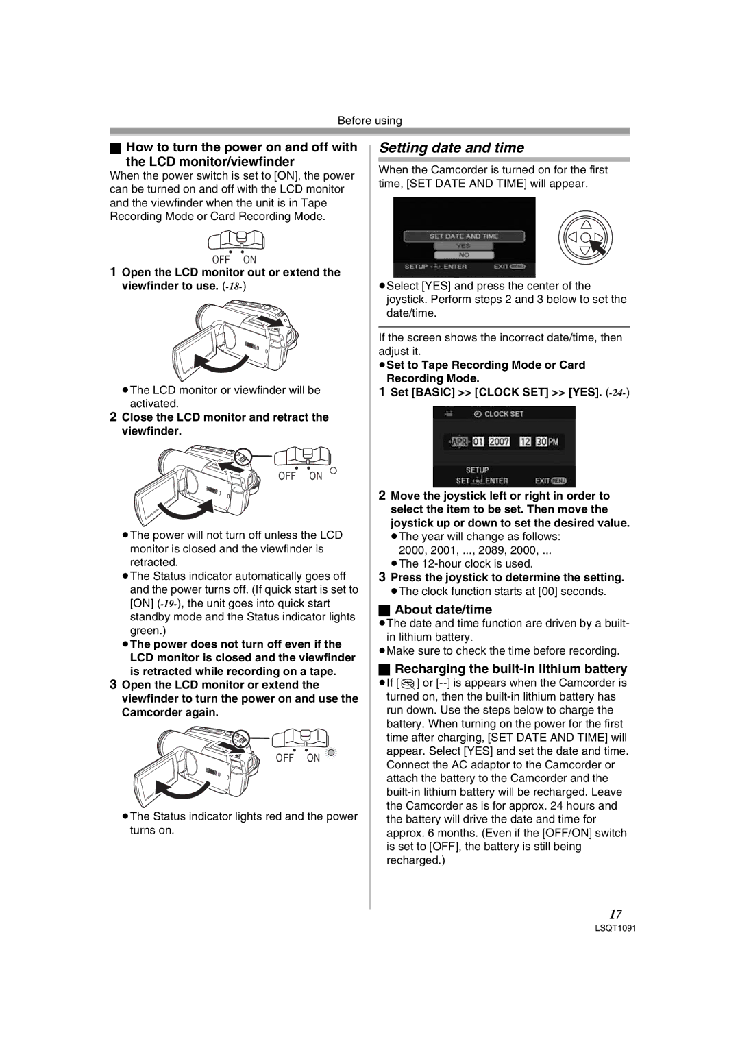 Panasonic PV-GS320 operating instructions Setting date and time, About date/time, Recharging the built-in lithium battery 