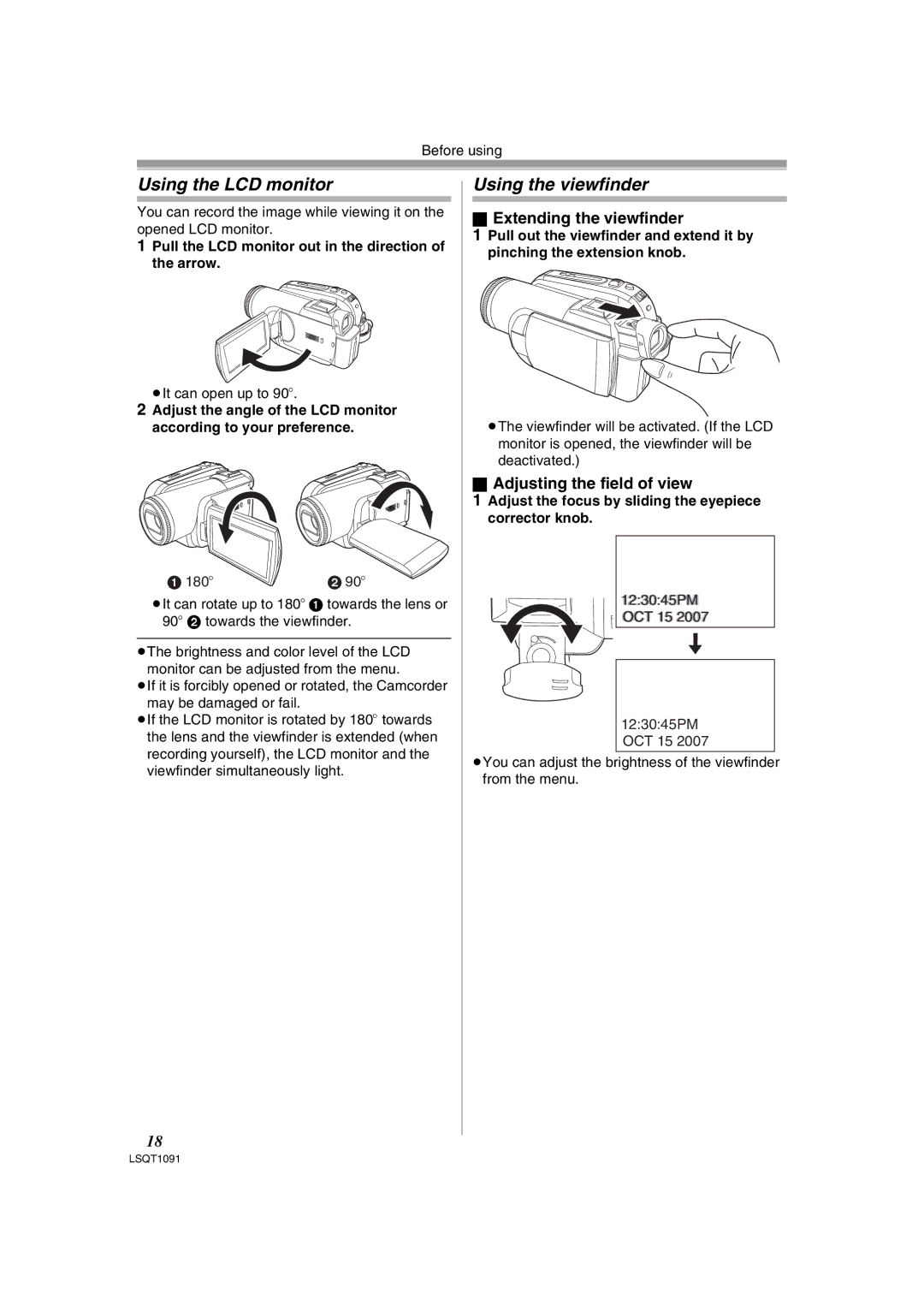 Panasonic PV-GS320 Using the LCD monitor, Using the viewfinder, Extending the viewfinder, Adjusting the field of view 