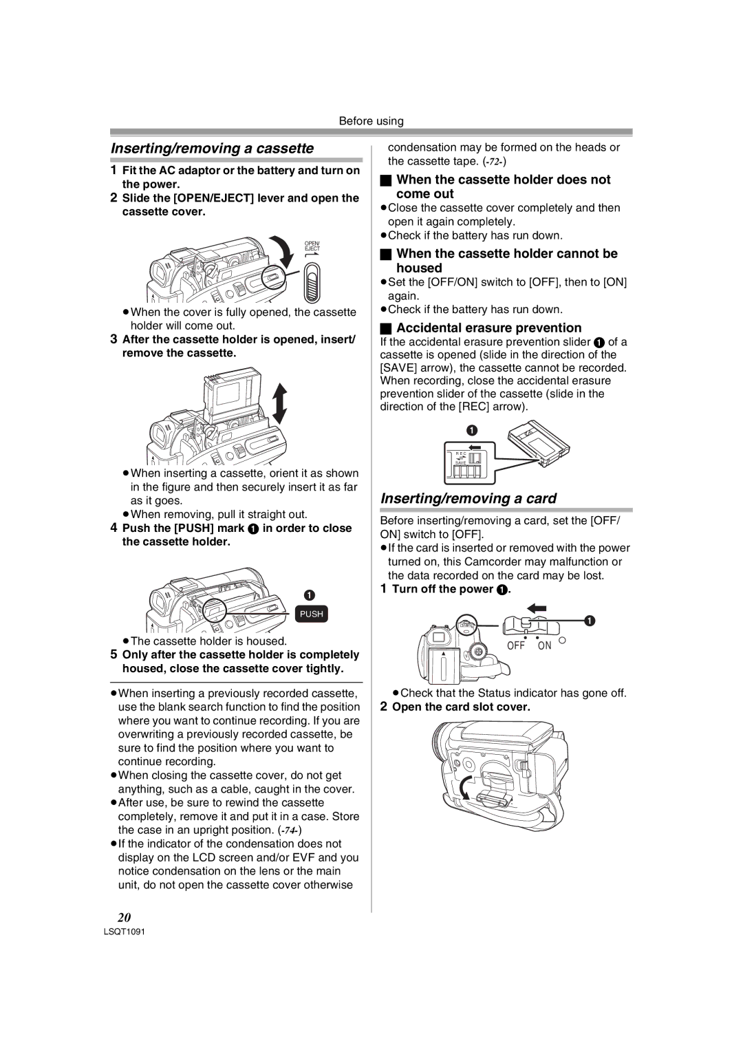 Panasonic PV-GS320 Inserting/removing a cassette, Inserting/removing a card, When the cassette holder does not Come out 