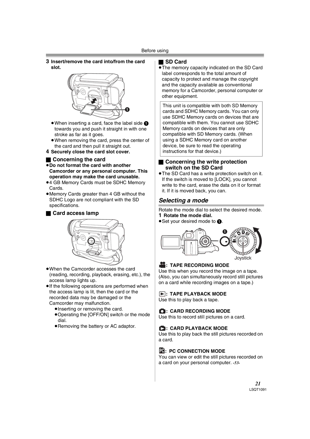 Panasonic PV-GS320 operating instructions Selecting a mode, Concerning the card, Card access lamp, SD Card 