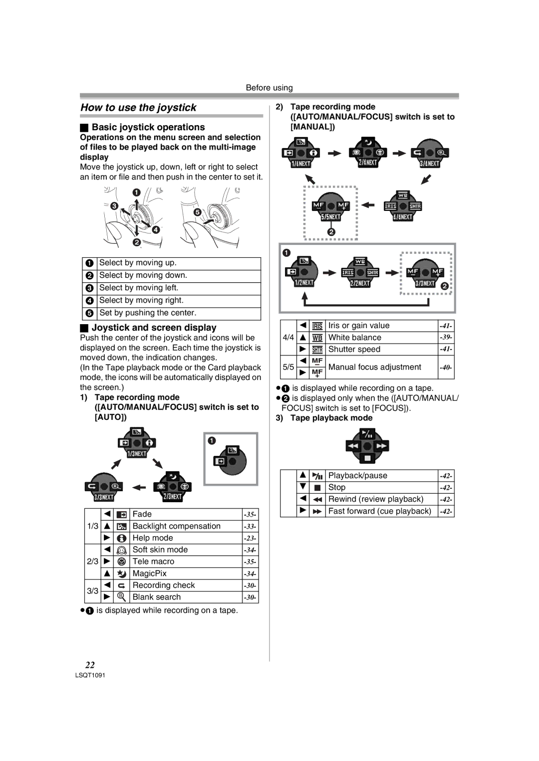 Panasonic PV-GS320 operating instructions How to use the joystick, Basic joystick operations, Joystick and screen display 