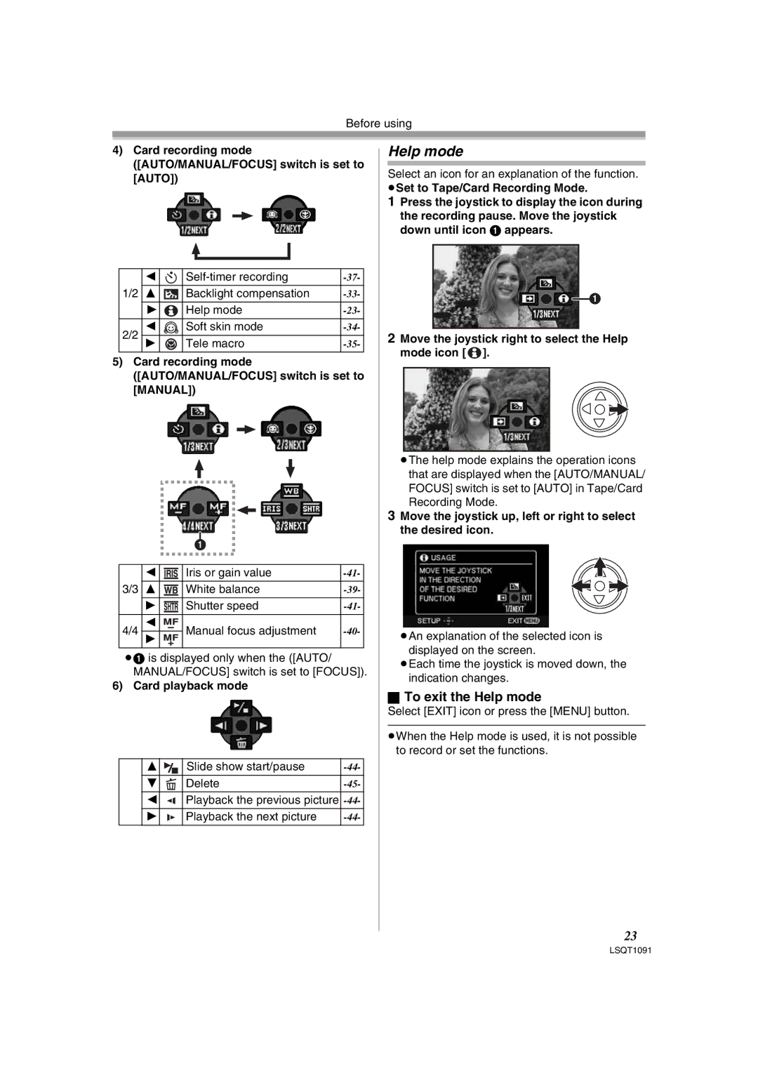 Panasonic PV-GS320 To exit the Help mode, Slide show start/pause Delete, Playback the next picture 