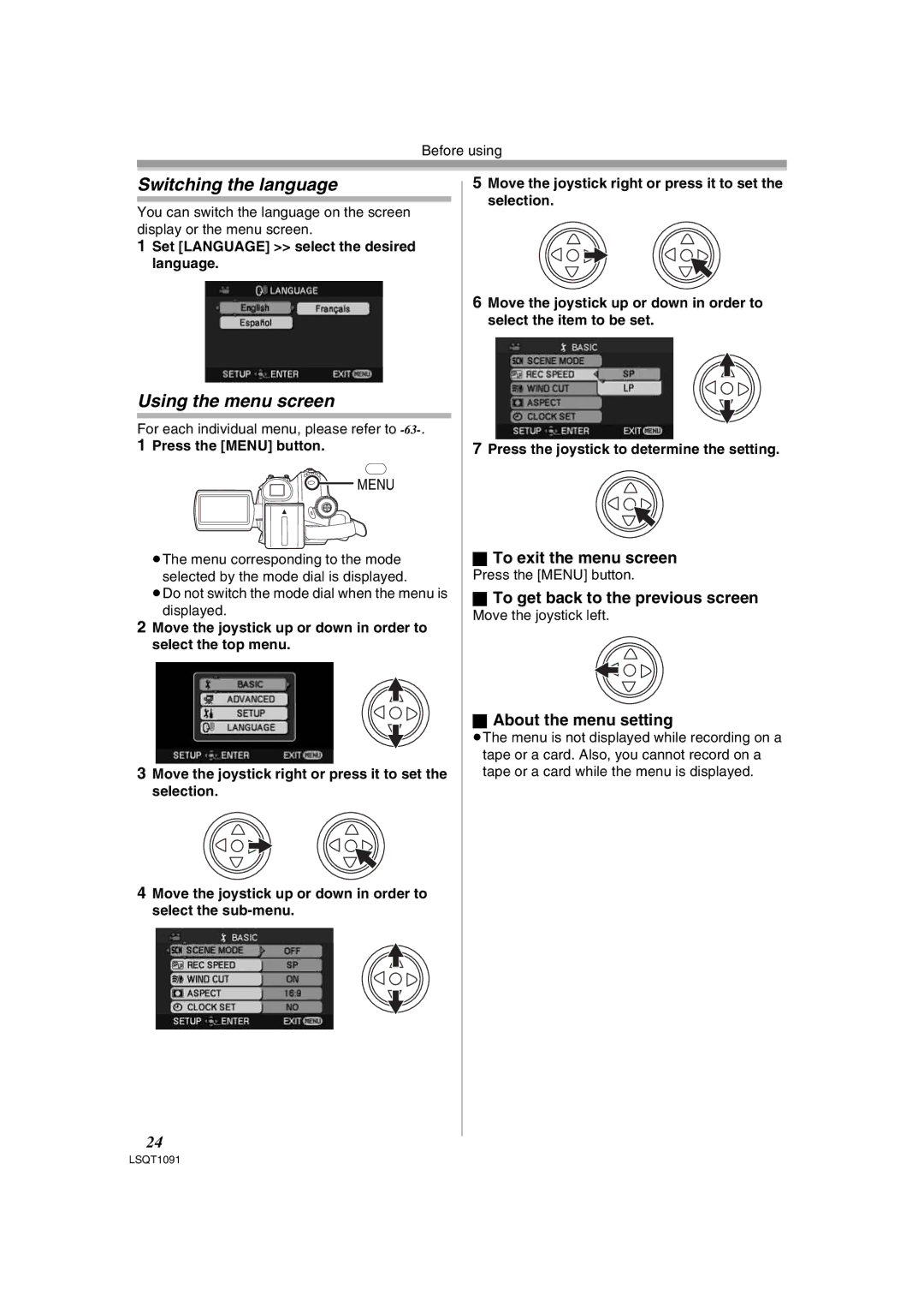 Panasonic PV-GS320 Switching the language, Using the menu screen, To exit the menu screen, About the menu setting 