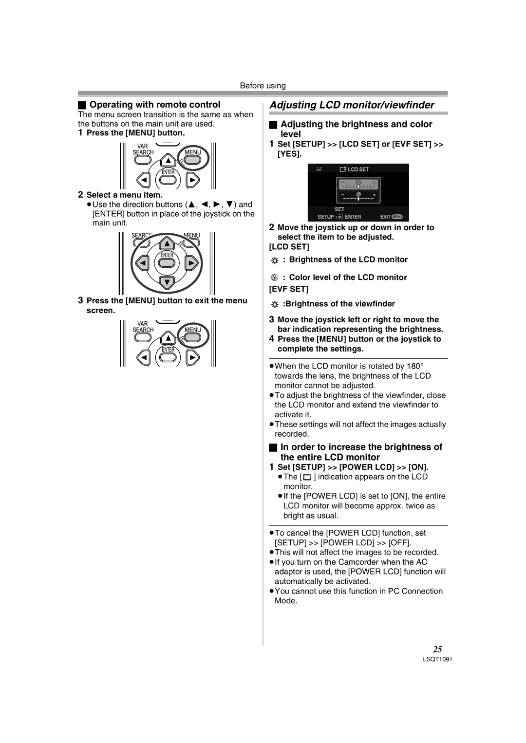 Panasonic PV-GS320 operating instructions Adjusting LCD monitor/viewfinder, Operating with remote control 