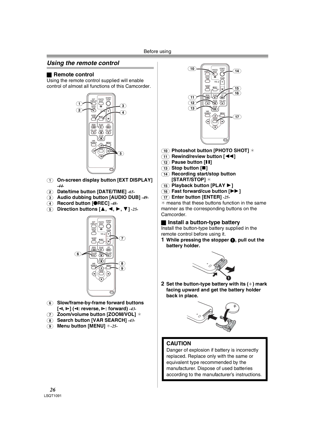 Panasonic PV-GS320 operating instructions Using the remote control, Remote control, Install a button-type battery 