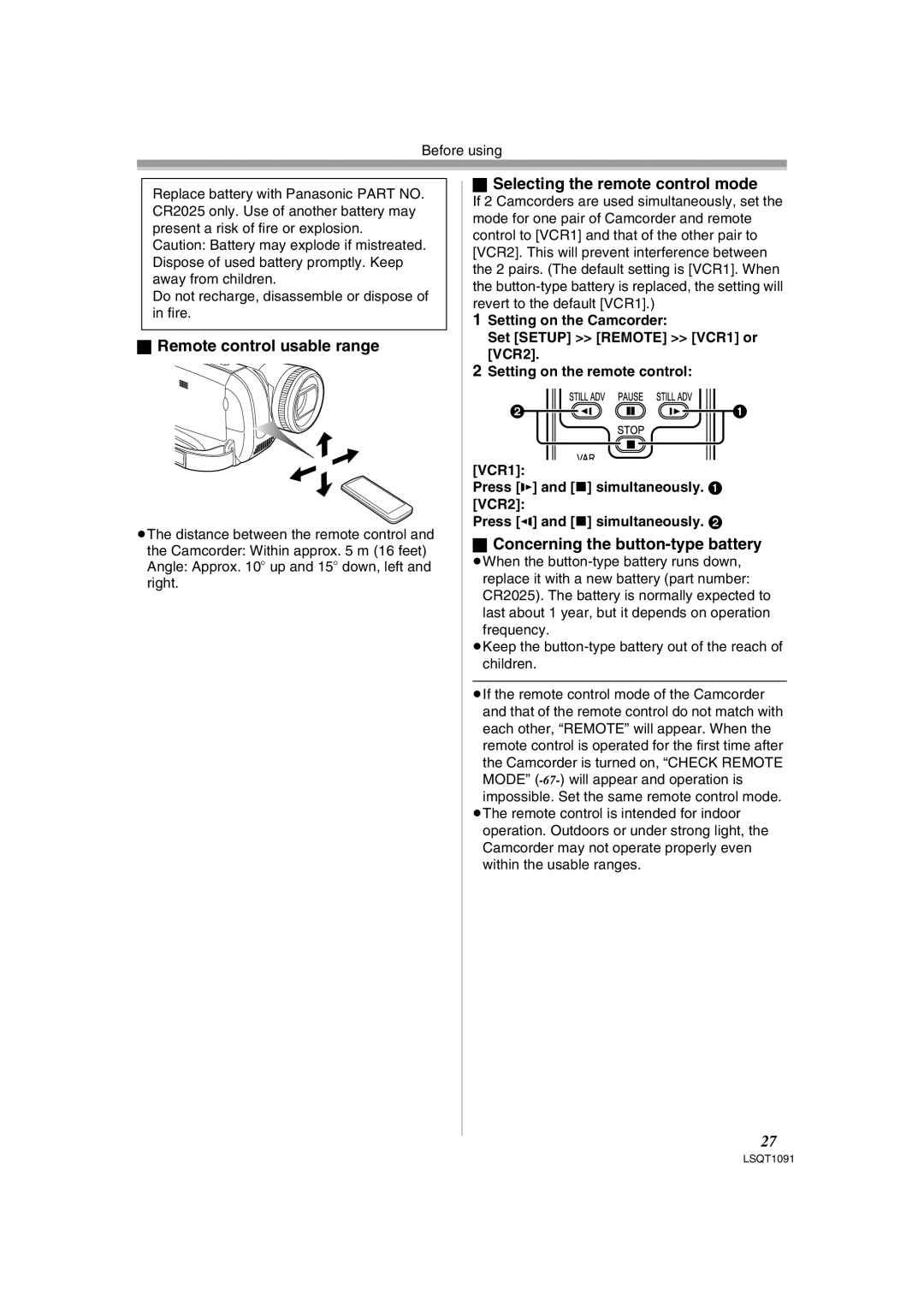 Panasonic PV-GS320 Remote control usable range, Selecting the remote control mode, Concerning the button-type battery 