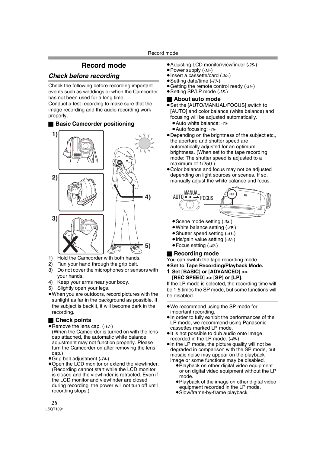 Panasonic PV-GS320 Check before recording, Basic Camcorder positioning, Check points, About auto mode, Recording mode 