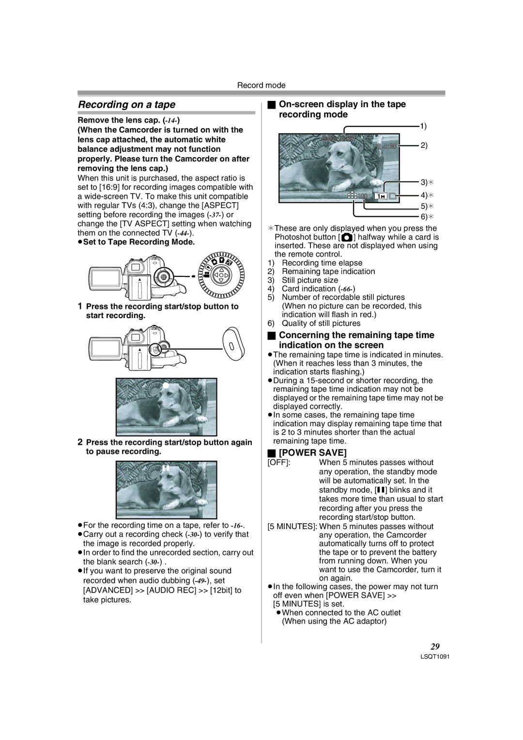 Panasonic PV-GS320 operating instructions Recording on a tape, On-screen display in the tape recording mode, Powersave 