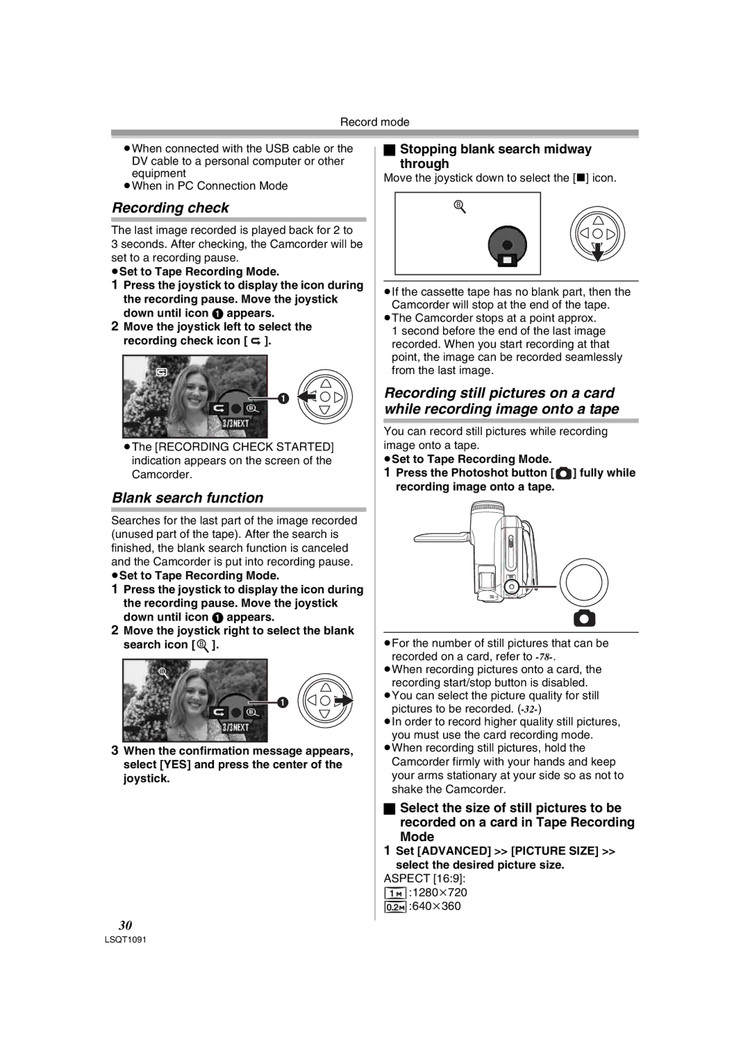 Panasonic PV-GS320 operating instructions Recording check, Blank search function, Stopping blank search midway Through 