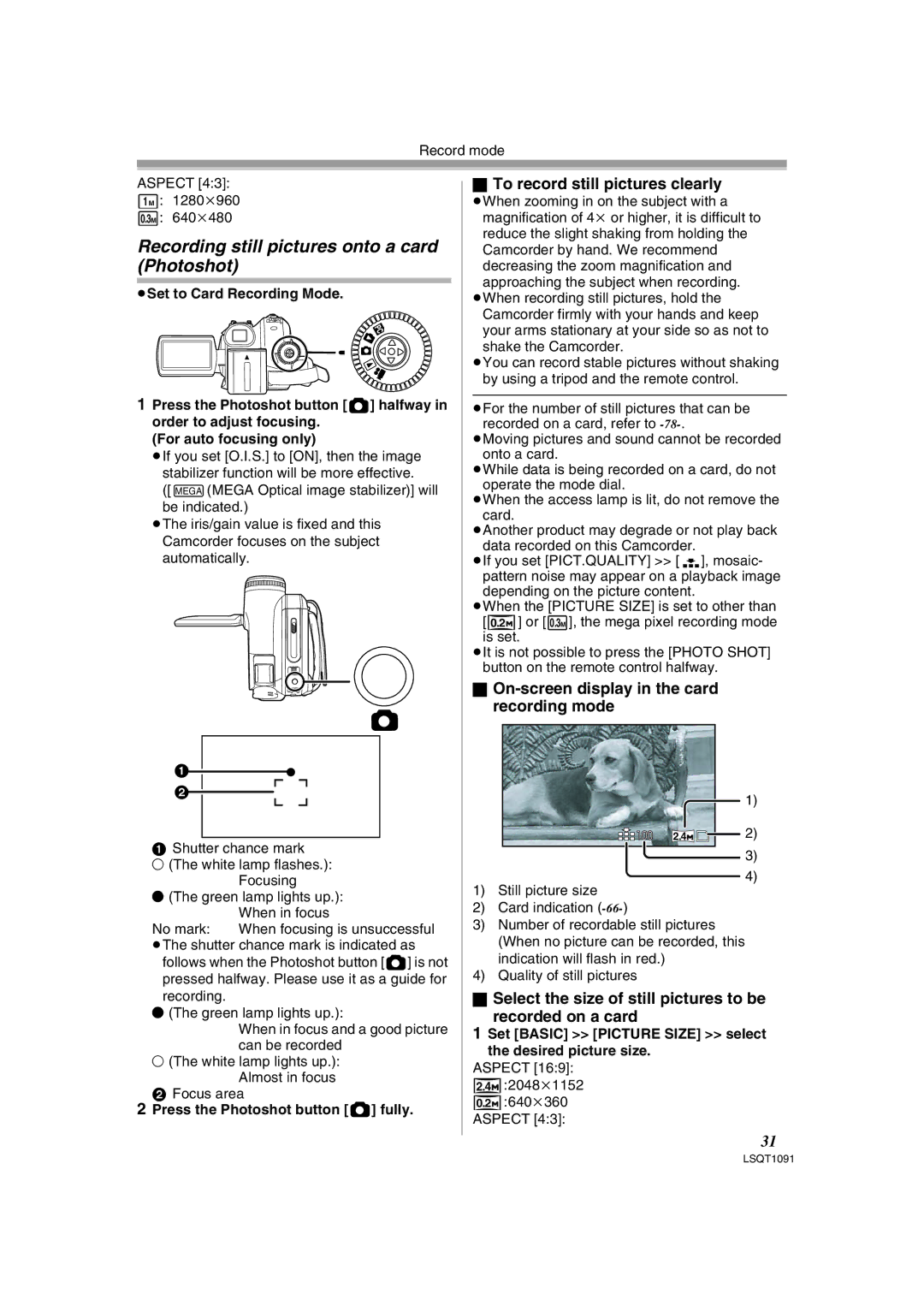 Panasonic PV-GS320 operating instructions Recording still pictures onto a card Photoshot, To record still pictures clearly 