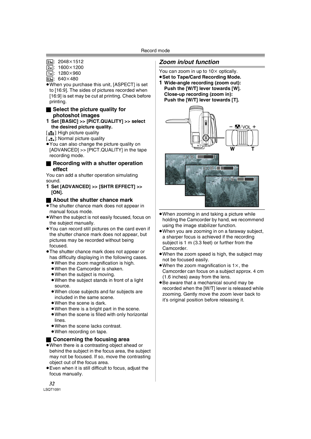 Panasonic PV-GS320 Zoom in/out function, Select the picture quality for Photoshot images, About the shutter chance mark 