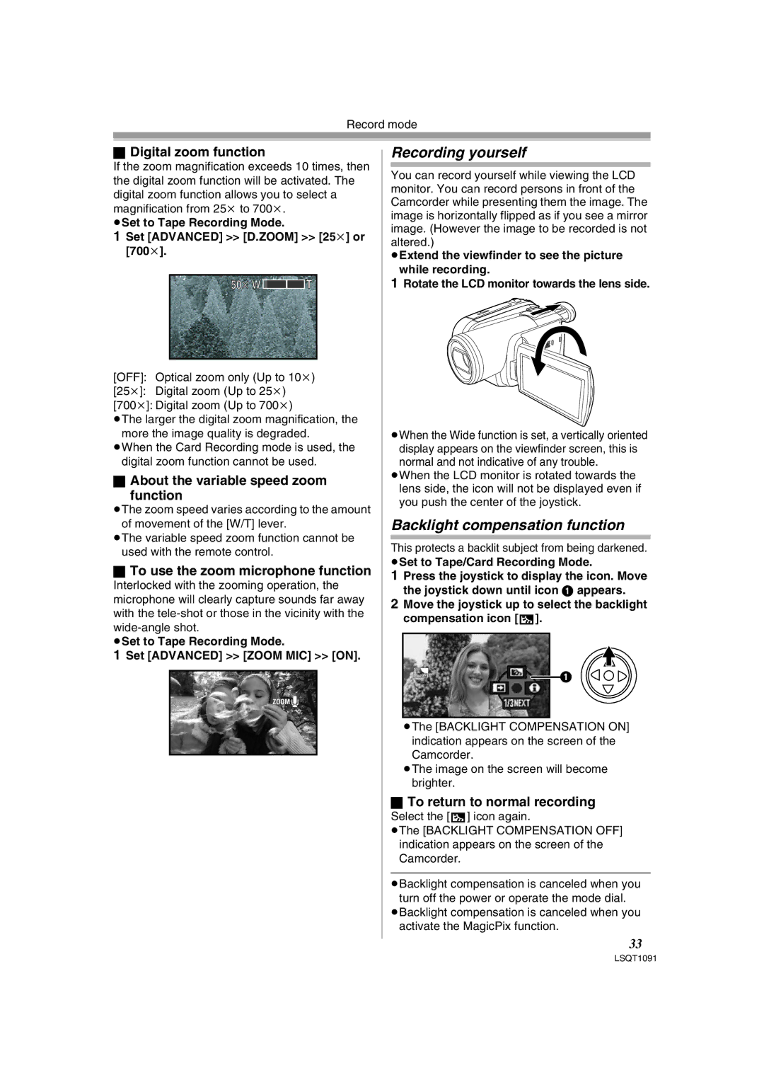 Panasonic PV-GS320 operating instructions Recording yourself, Backlight compensation function 