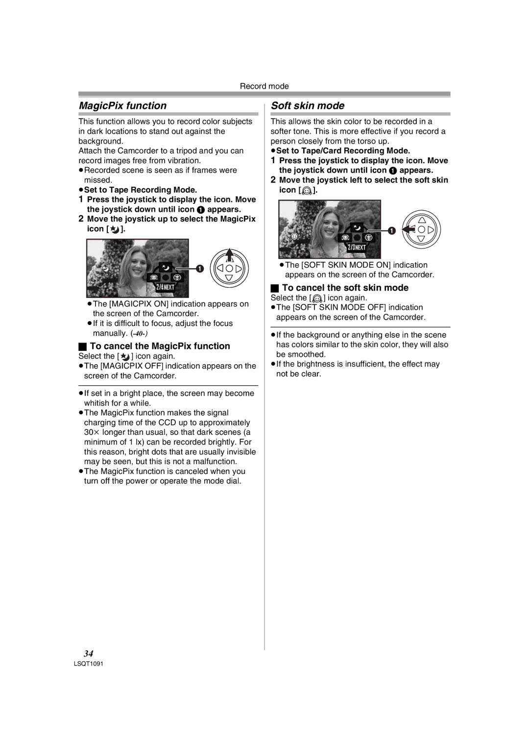 Panasonic PV-GS320 operating instructions Soft skin mode, To cancel the MagicPix function, To cancel the soft skin mode 