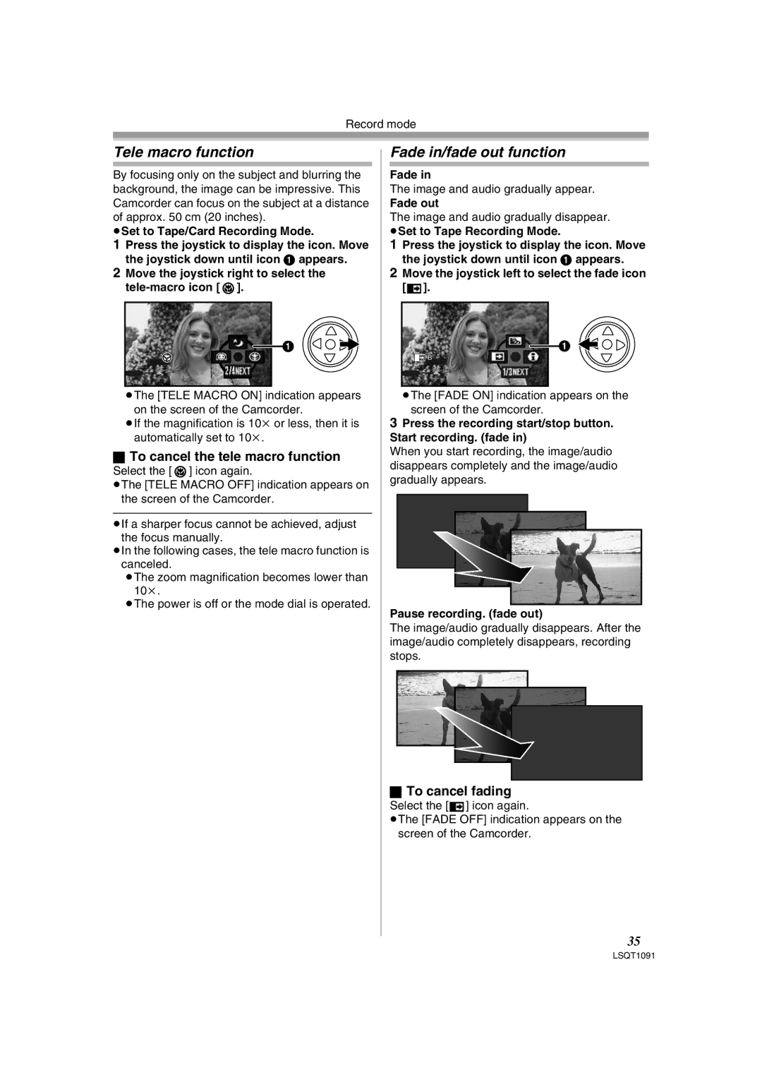 Panasonic PV-GS320 Tele macro function, Fade in/fade out function, To cancel the tele macro function, To cancel fading 