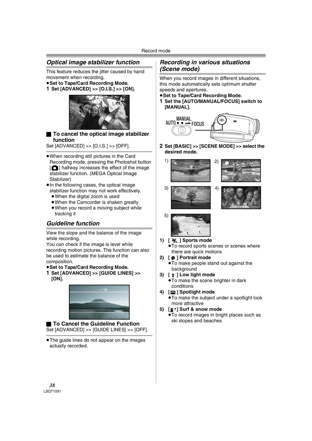 Panasonic PV-GS320 Optical image stabilizer function, Guideline function, Recording in various situations Scene mode 