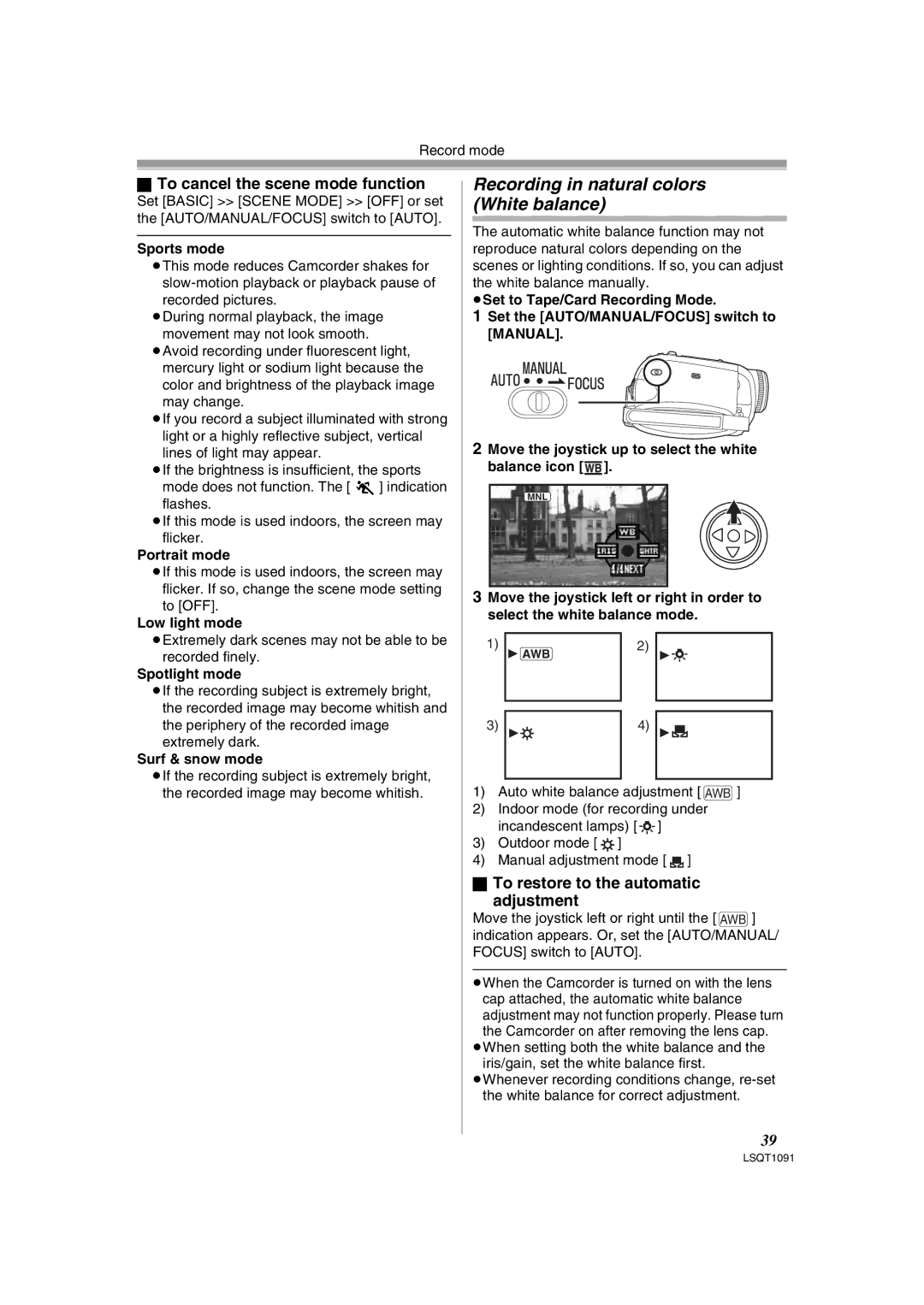 Panasonic PV-GS320 operating instructions Recording in natural colors White balance, To cancel the scene mode function 