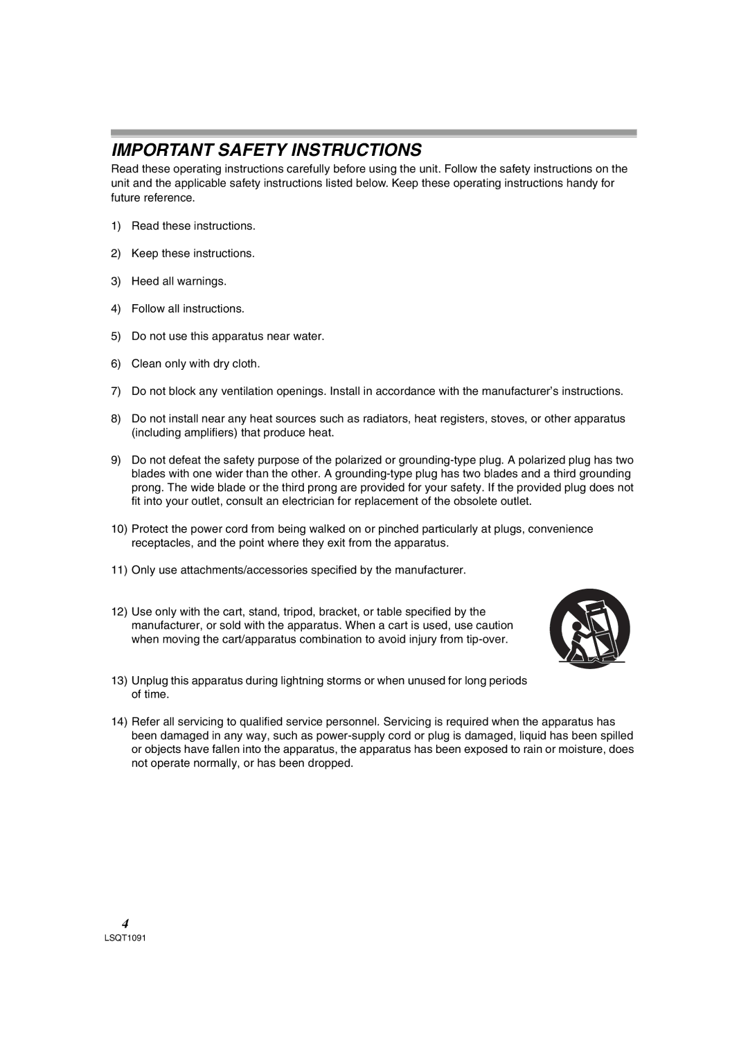 Panasonic PV-GS320 operating instructions Important Safety Instructions 