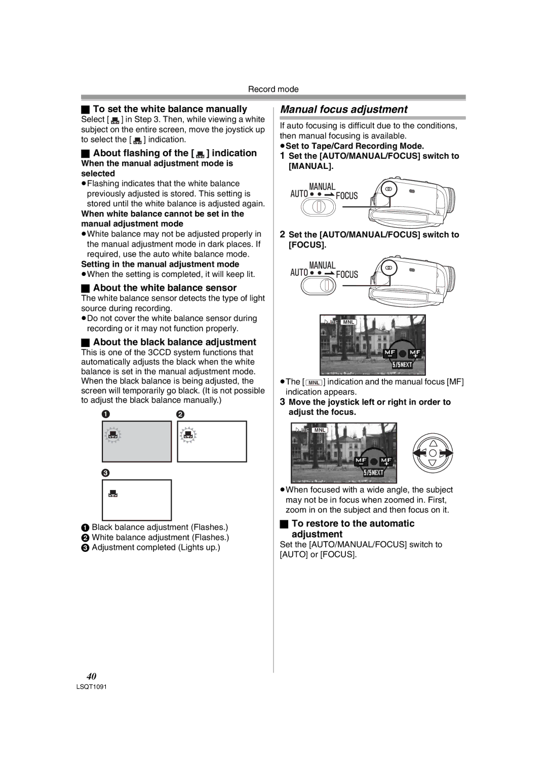 Panasonic PV-GS320 Manual focus adjustment, To set the white balance manually, About flashing of the indication 