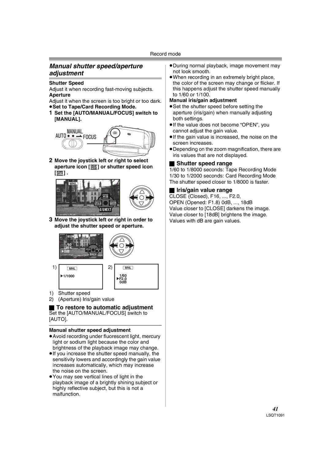 Panasonic PV-GS320 Manual shutter speed/aperture adjustment, Shutter speed range, Iris/gain value range 