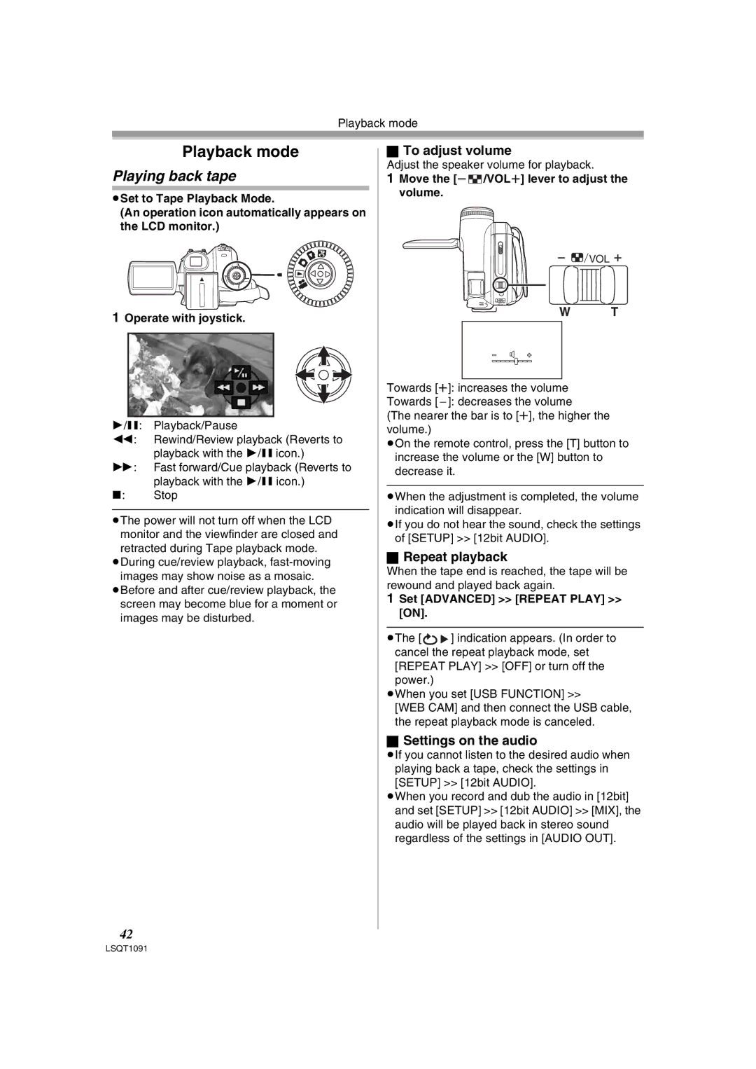 Panasonic PV-GS320 operating instructions Playing back tape, To adjust volume, Repeat playback, Settings on the audio 