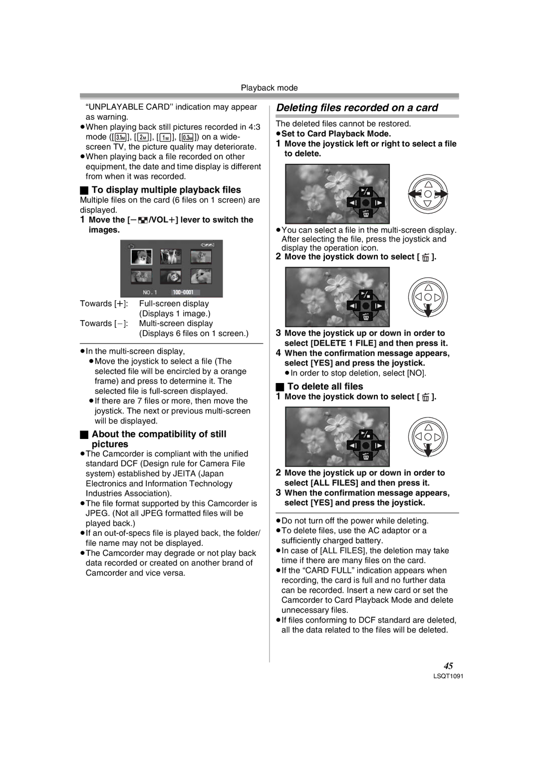 Panasonic PV-GS320 Deleting files recorded on a card, To display multiple playback files, To delete all files 