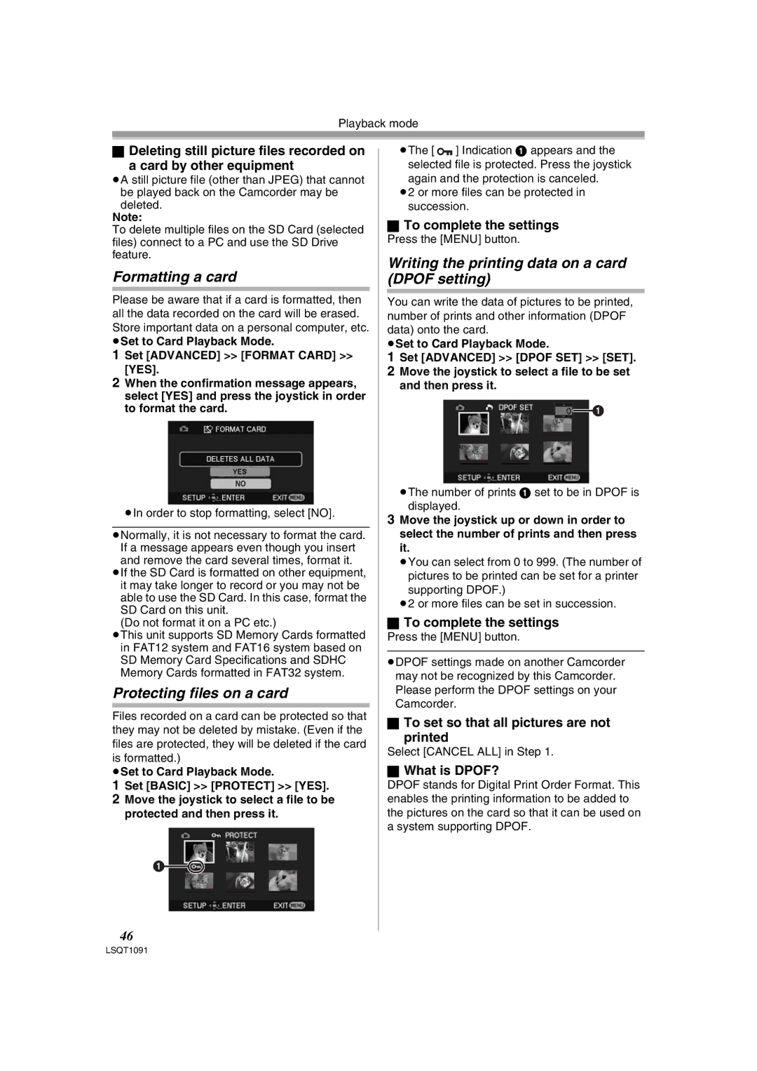 Panasonic PV-GS320 Formatting a card, Protecting files on a card, Writing the printing data on a card Dpof setting 