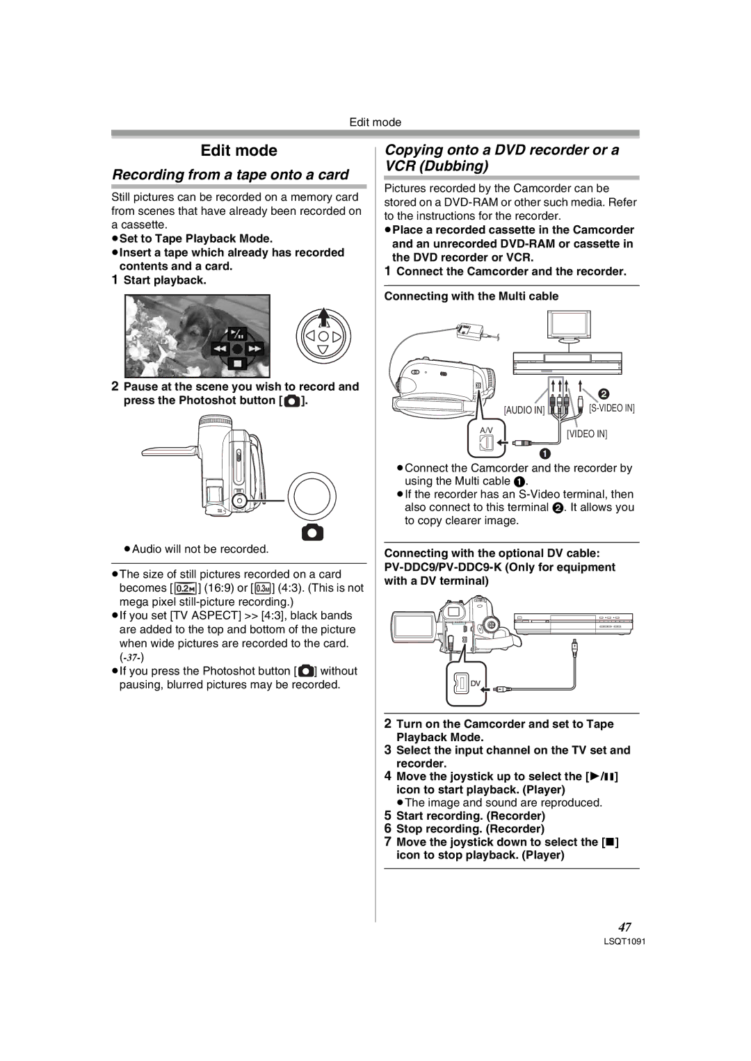 Panasonic PV-GS320 operating instructions Recording from a tape onto a card, Copying onto a DVD recorder or a VCR Dubbing 