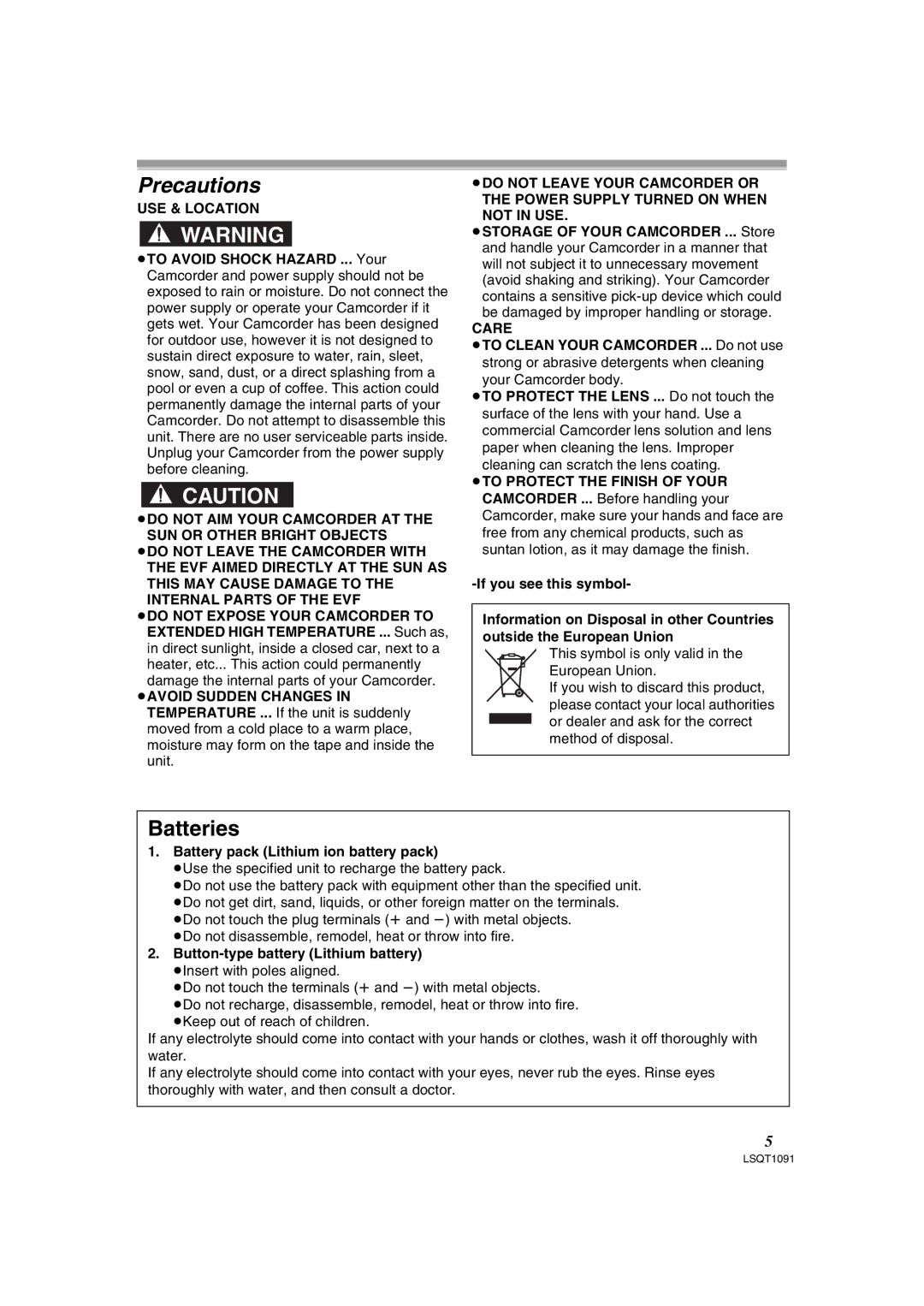 Panasonic PV-GS320 operating instructions Battery pack Lithium ion battery pack, Button-type battery Lithium battery 