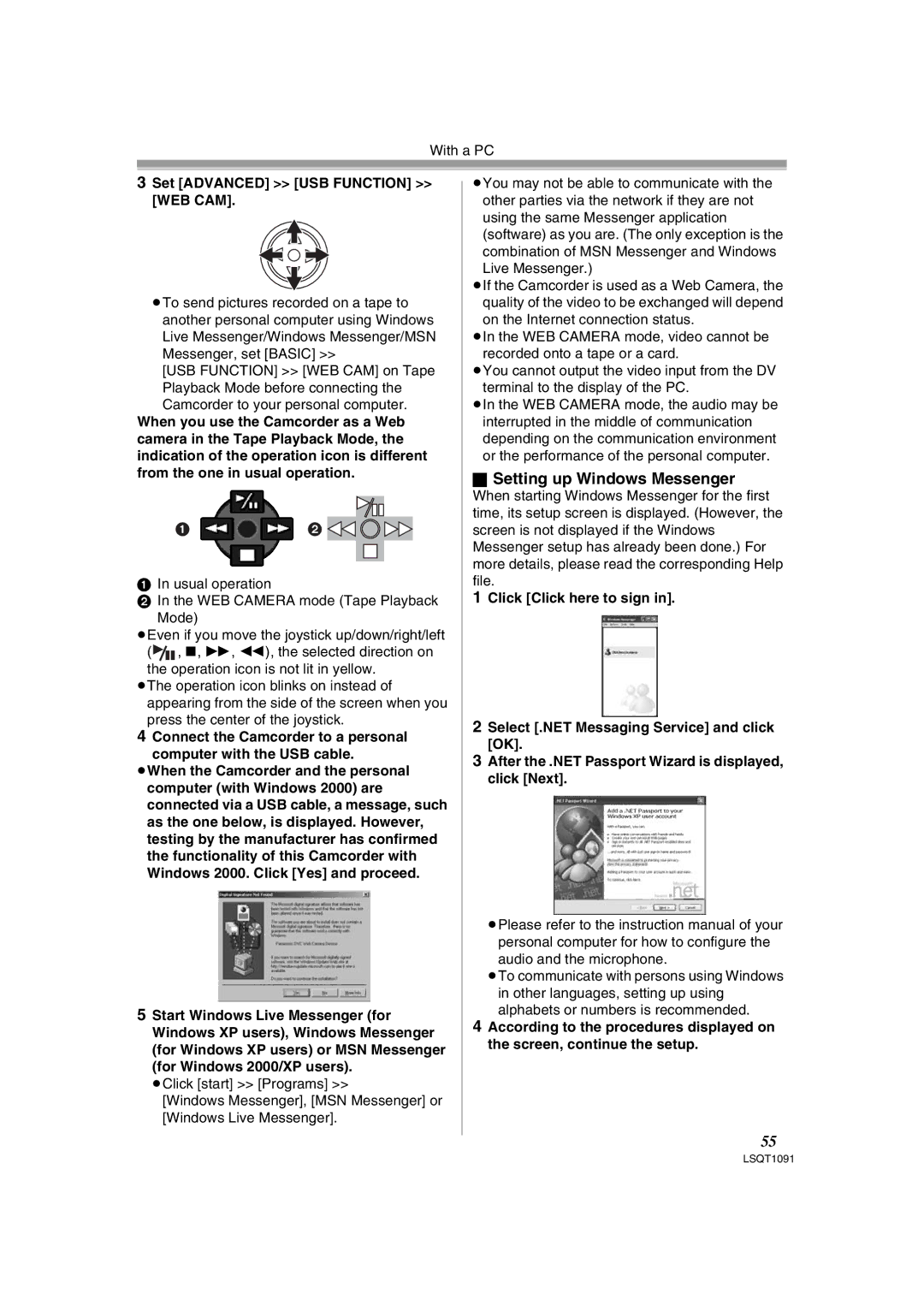 Panasonic PV-GS320 operating instructions Setting up Windows Messenger, Set Advanced USB Function WEB CAM 