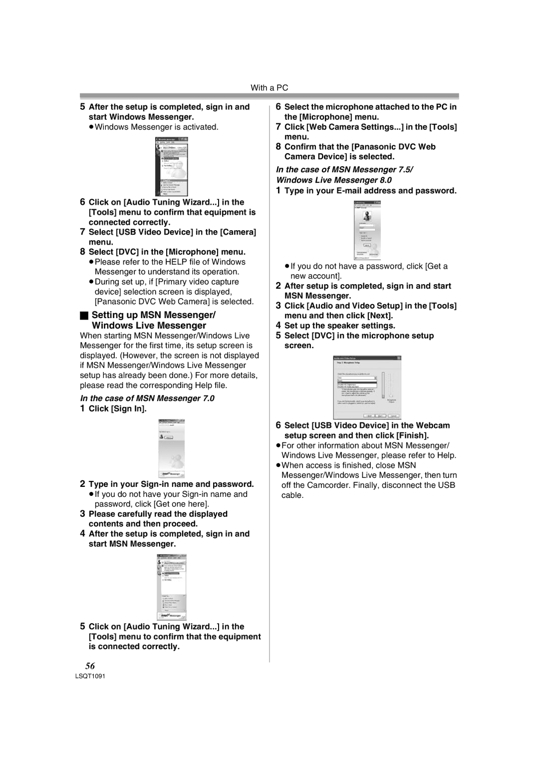 Panasonic PV-GS320 operating instructions Setting up MSN Messenger Windows Live Messenger, Case of MSN Messenger 