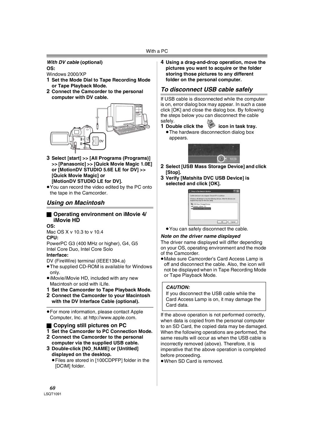 Panasonic PV-GS320 Using on Macintosh, To disconnect USB cable safely, Operating environment on iMovie IMovie HD 