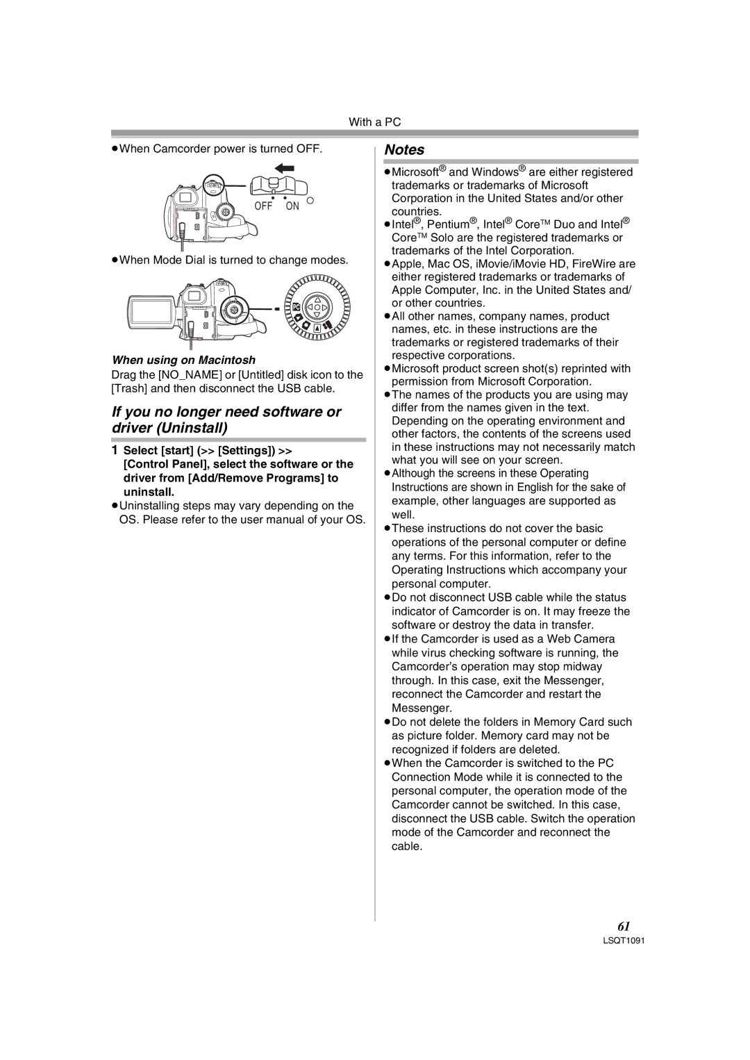 Panasonic PV-GS320 If you no longer need software or driver Uninstall, With a PC ≥When Camcorder power is turned OFF 