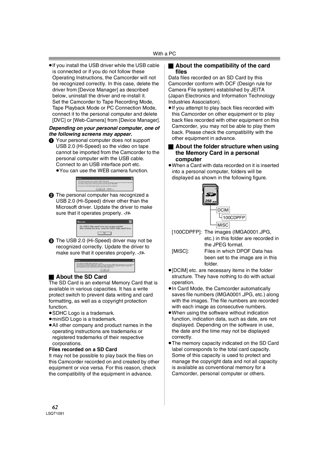 Panasonic PV-GS320 About the SD Card, About the compatibility of the card Files, Files recorded on a SD Card 