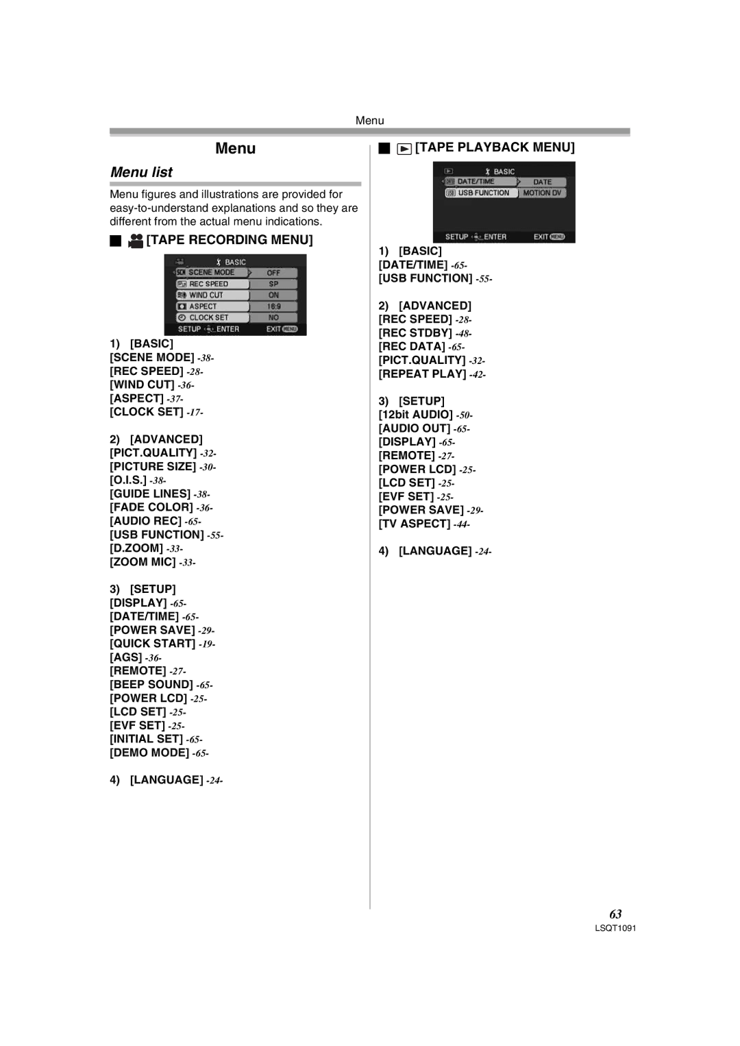 Panasonic PV-GS320 operating instructions Menu list, Tape Recording Menu, Tape Playback Menu, Language 