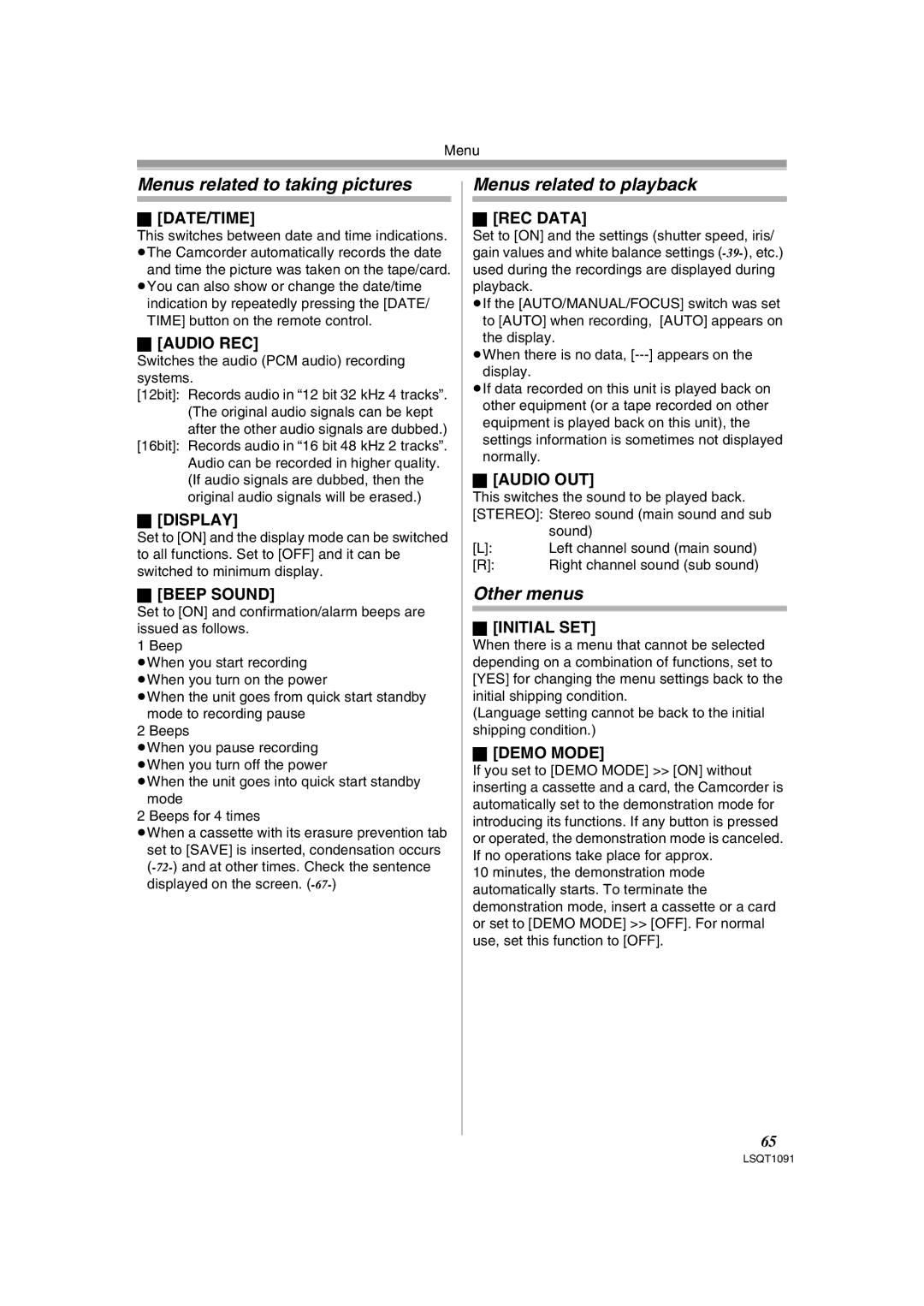 Panasonic PV-GS320 operating instructions Menus related to taking pictures, Menus related to playback, Other menus 