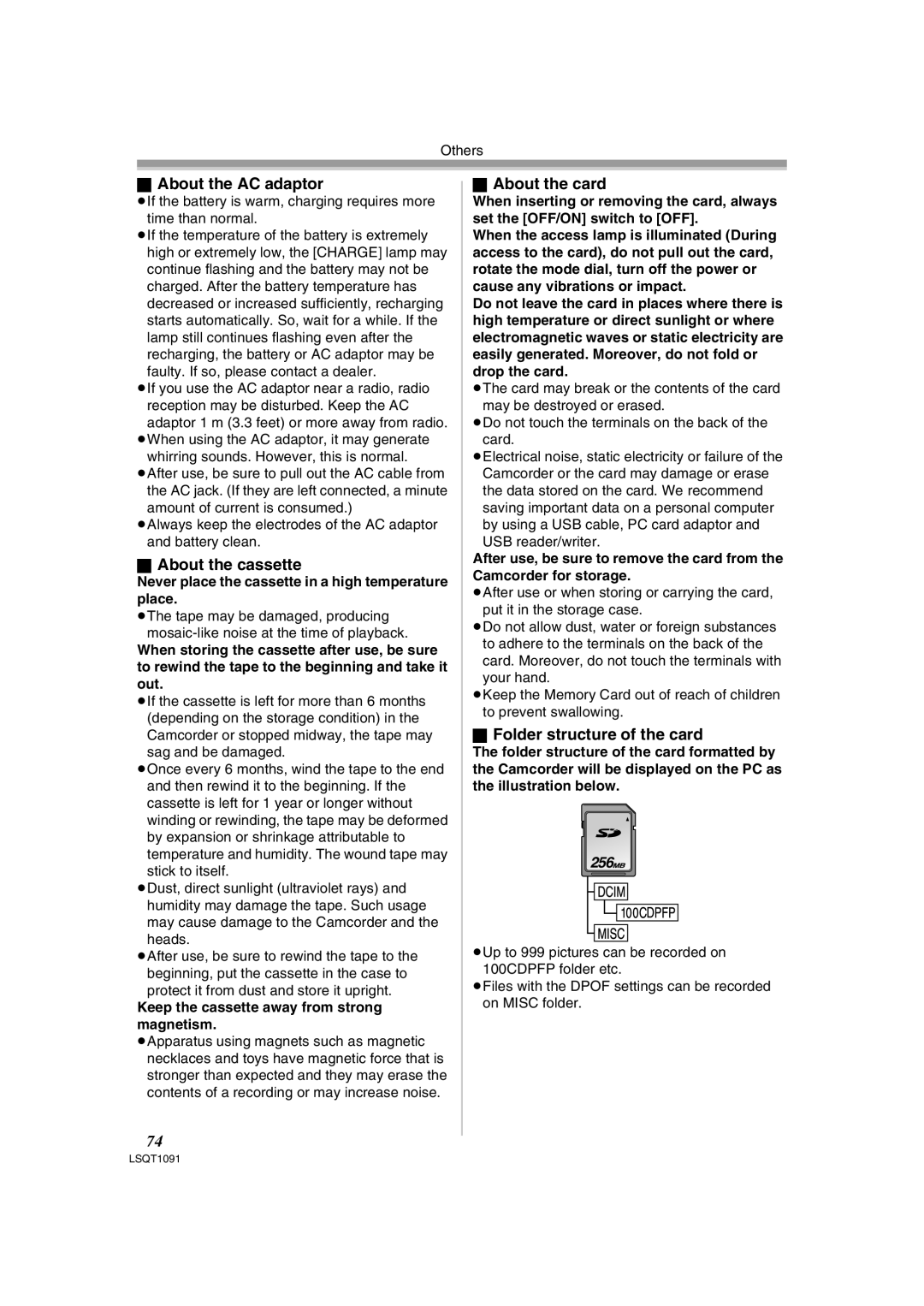 Panasonic PV-GS320 About the AC adaptor, About the cassette, About the card, Folder structure of the card, 256 