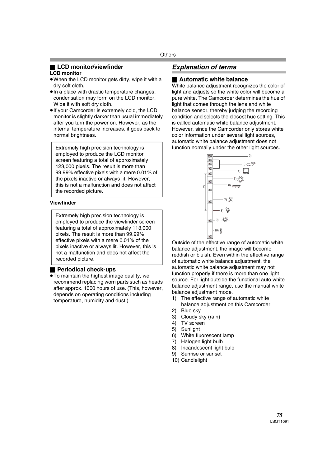 Panasonic PV-GS320 Explanation of terms, Periodical check-ups, Automatic white balance, LCD monitor, Viewfinder 