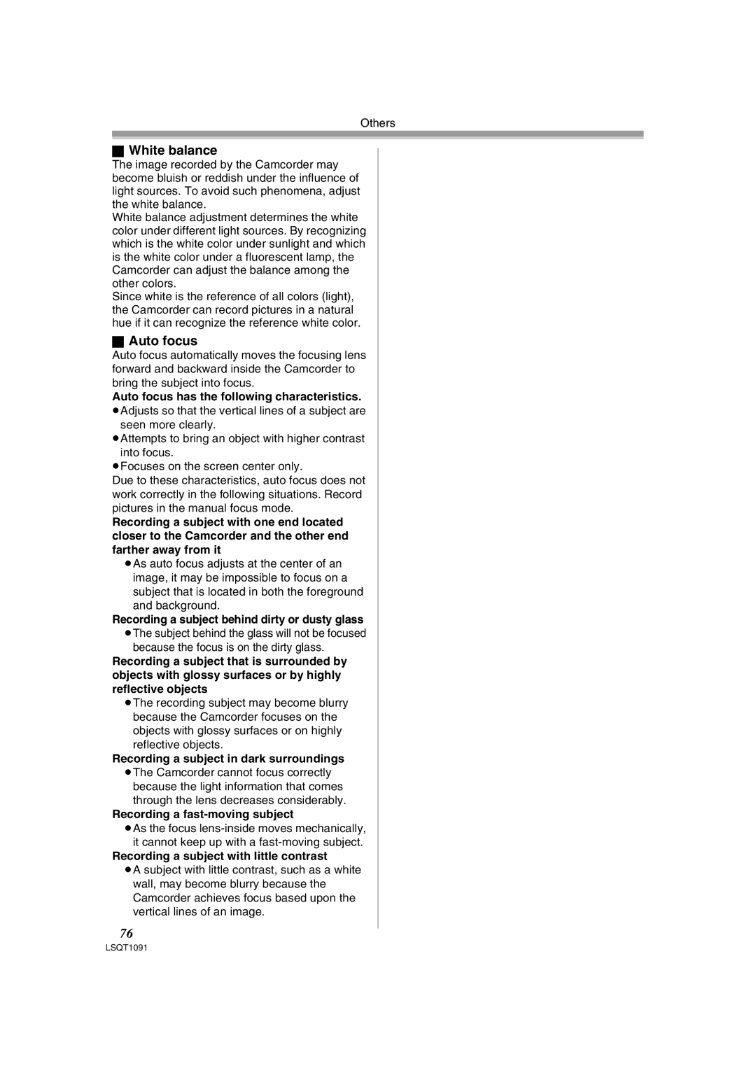 Panasonic PV-GS320 operating instructions White balance, Auto focus 