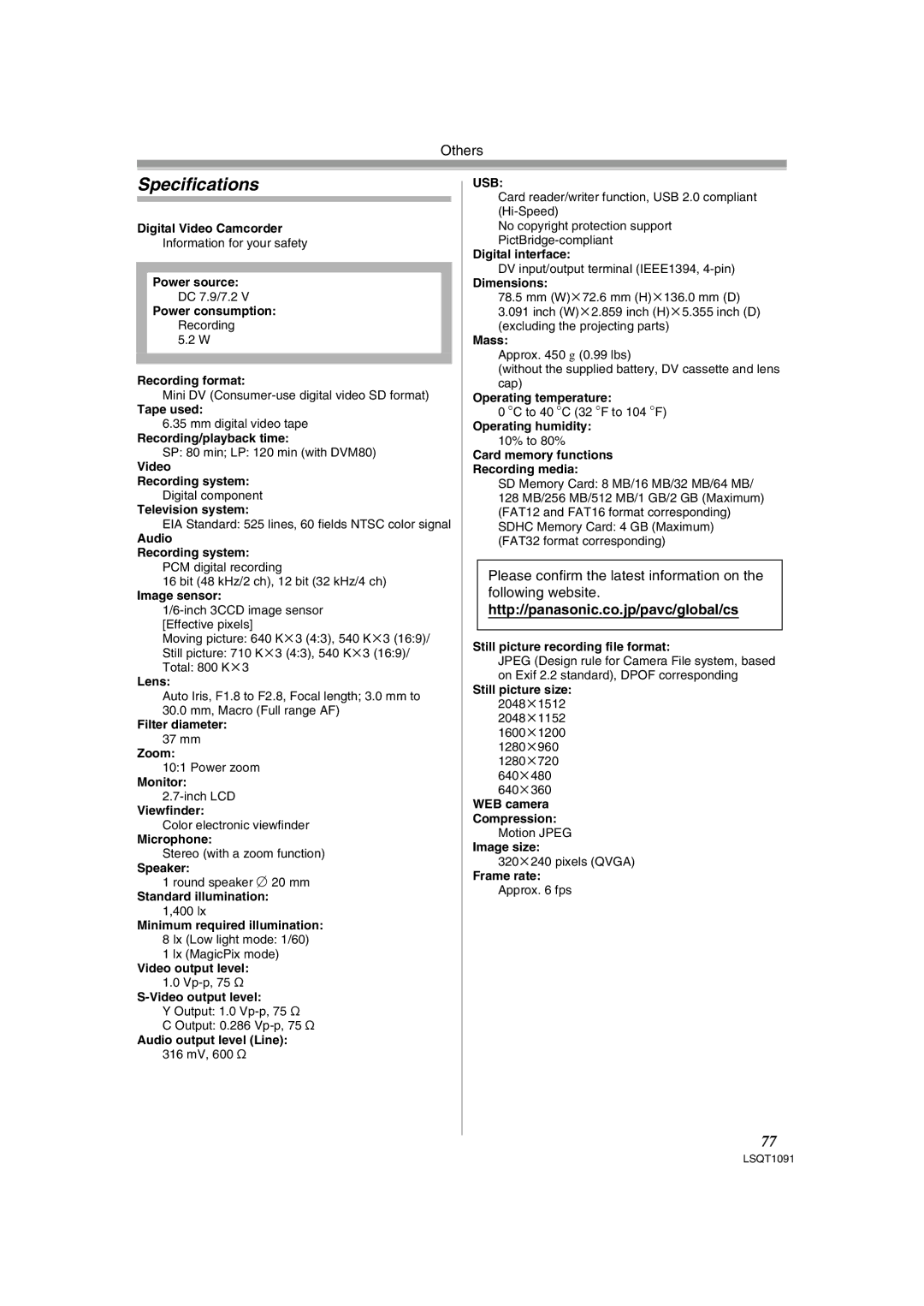 Panasonic PV-GS320 operating instructions Specifications, Http//panasonic.co.jp/pavc/global/cs 