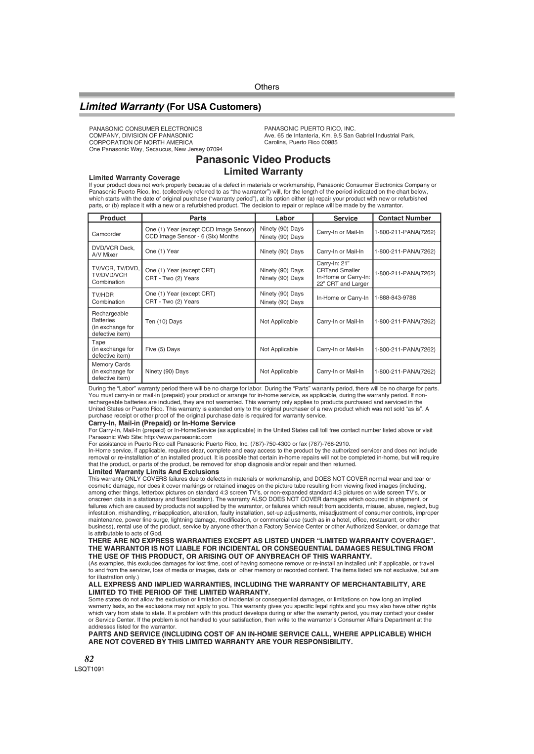 Panasonic PV-GS320 operating instructions Panasonic Video Products, Limited Warranty For USA Customers 