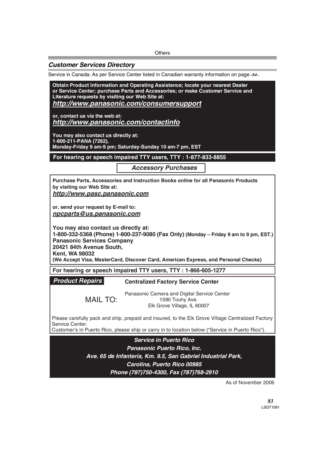 Panasonic PV-GS320 operating instructions Customer Services Directory, Accessory Purchases, Npcparts@us.panasonic.com 