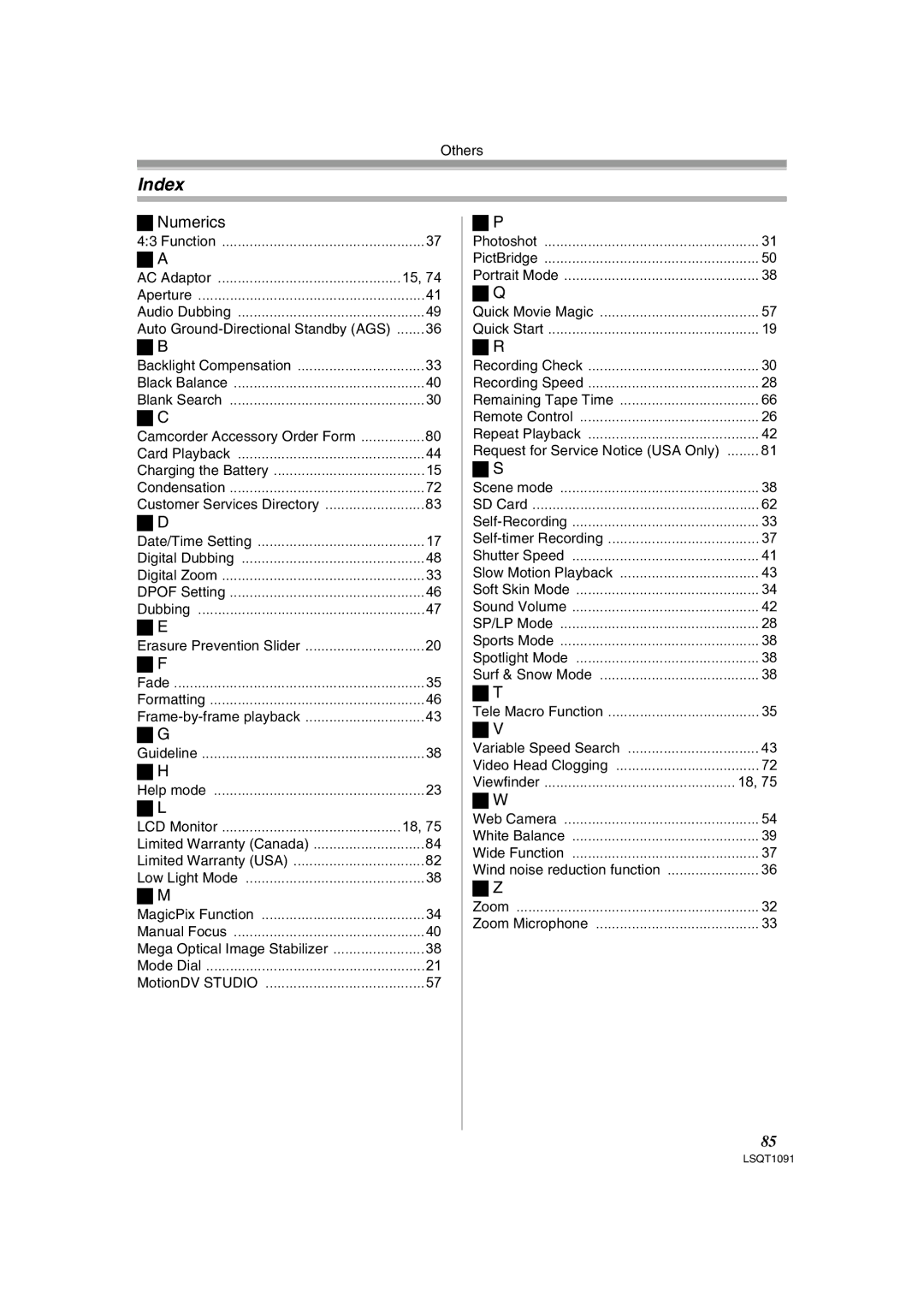 Panasonic PV-GS320 operating instructions Index, Numerics 