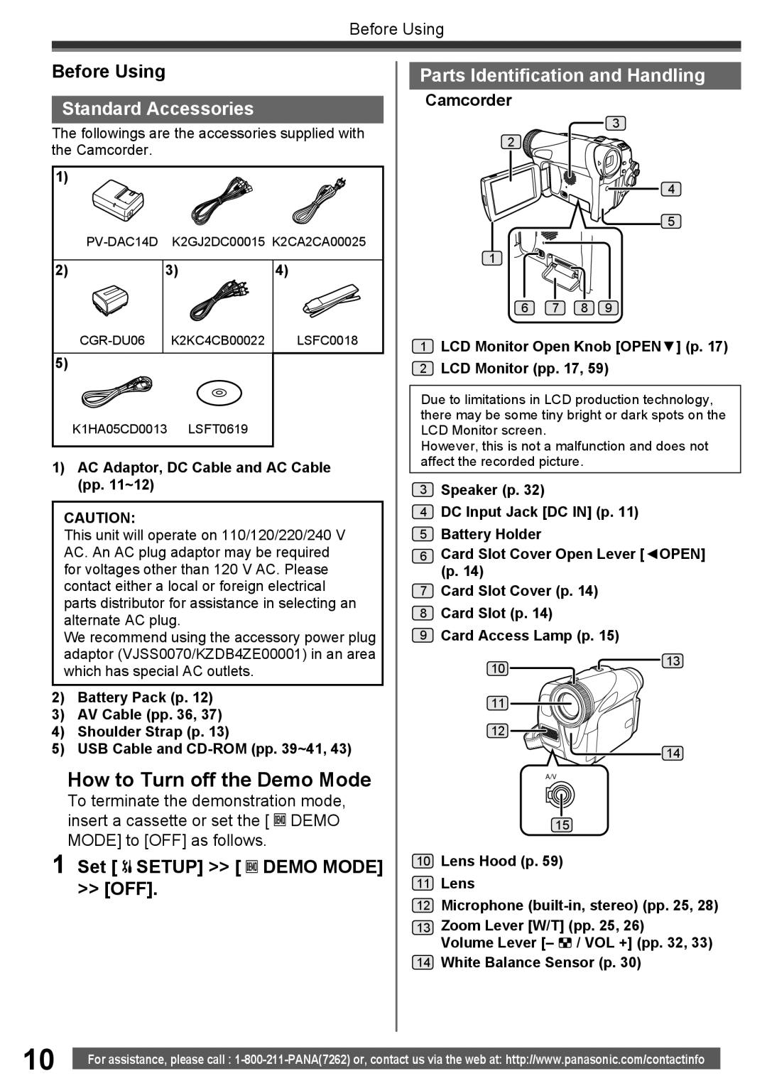 Panasonic PV-GS34PKG operating instructions Standard Accessories, Parts Identification and Handling, „ Camcorder 